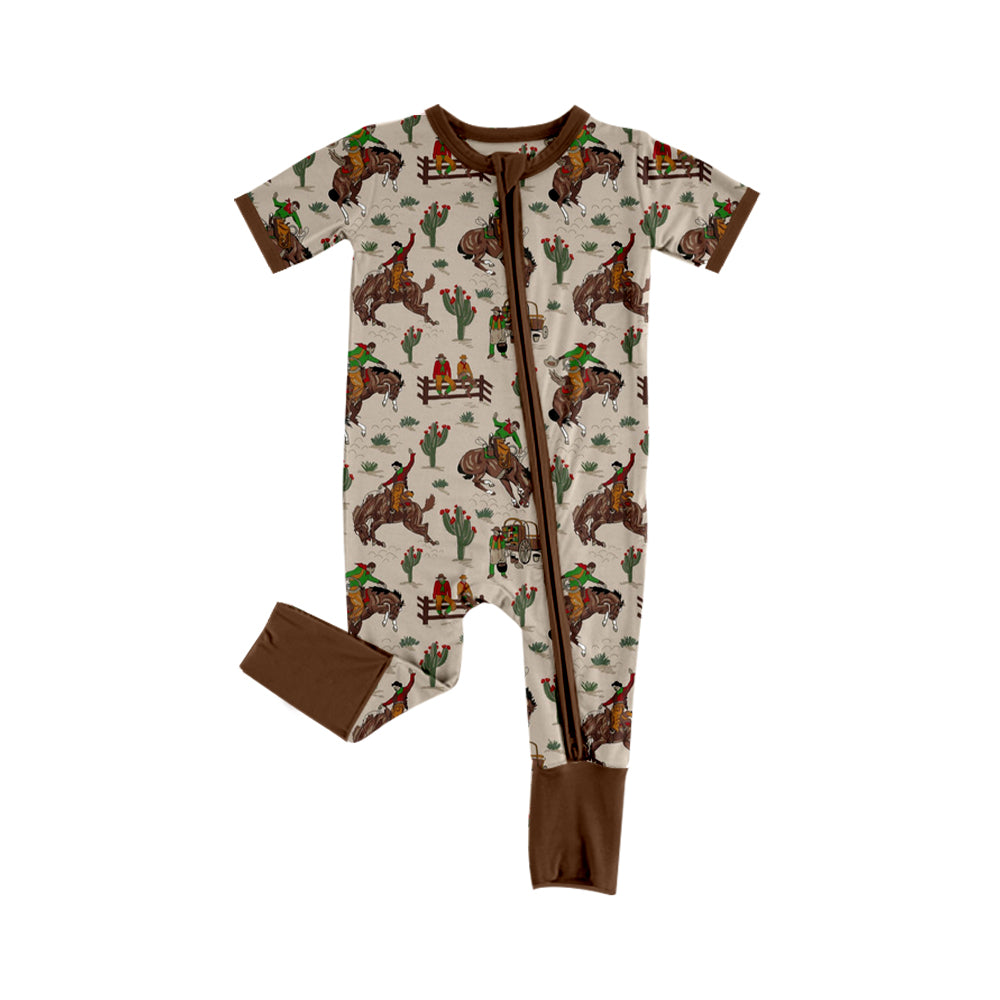 preorder SR2173 Western rodeo cactus brown short sleeve zipper boys romper