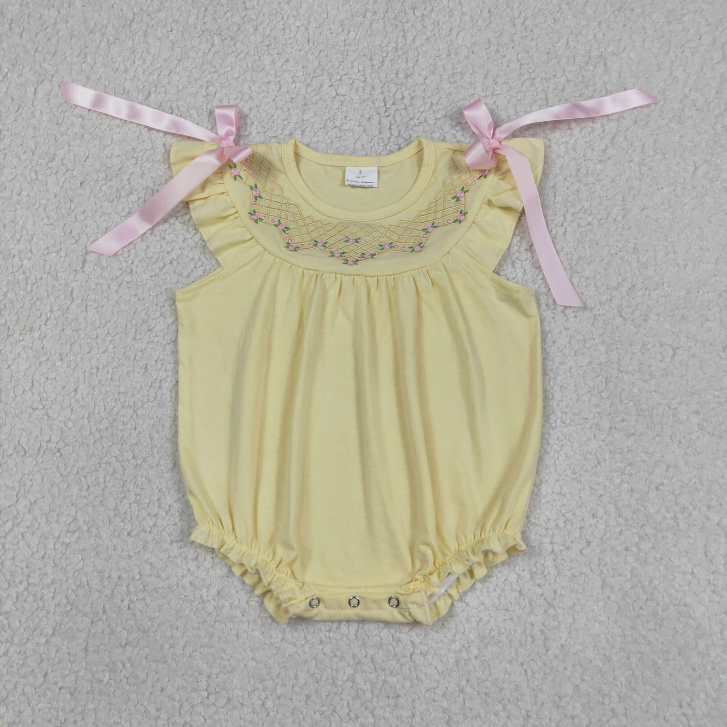 SR3561 Embroidery Yellow Flutter Sleeve Girls Romper
