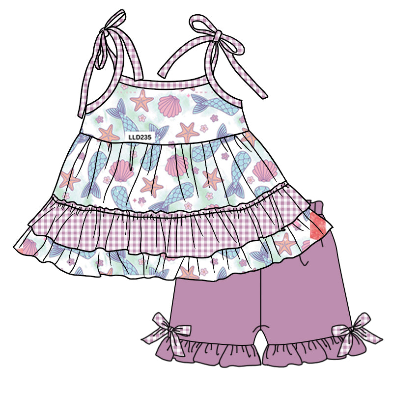 Custom Moq 3 Cute Sea Mermaid Shell Lace-up Purple Shorts Girls Set