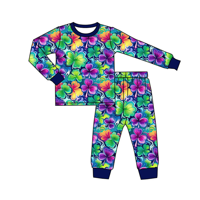 custom moq 5 St Patrick colorful print clover purple long sleeve girls girls pajamas