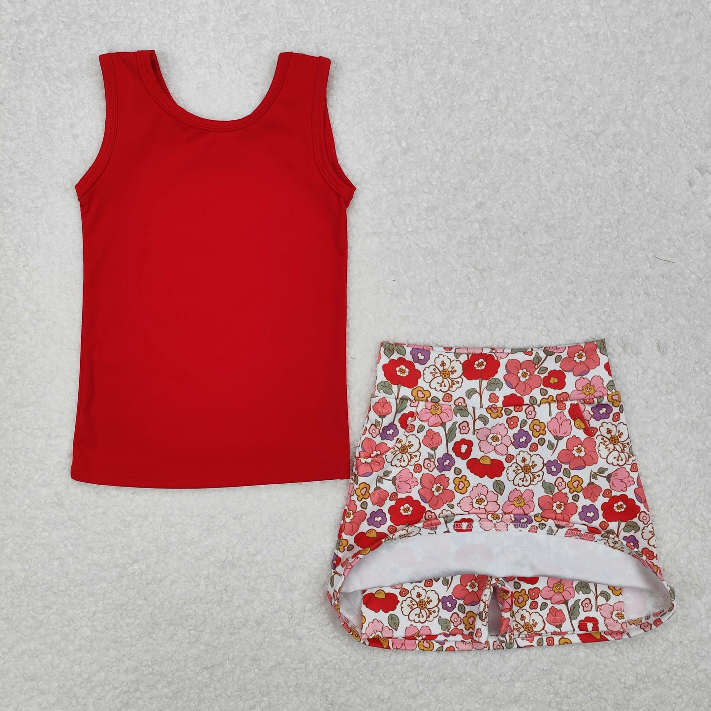 GSD1598 red sleeveless red flowers skirt with shorts girls yoga set