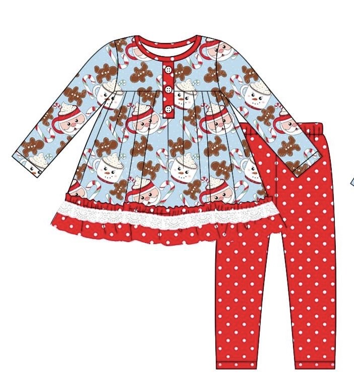 preorder GLP2162 Christmas Santa coco gingerbread man blue long sleeve red dot pants girls set