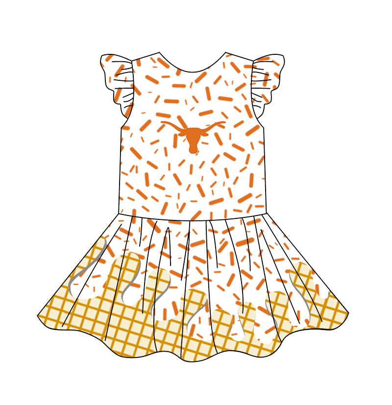 Custom Moq 5 Football Team cow orange ice printing flutter sleeve girls dress