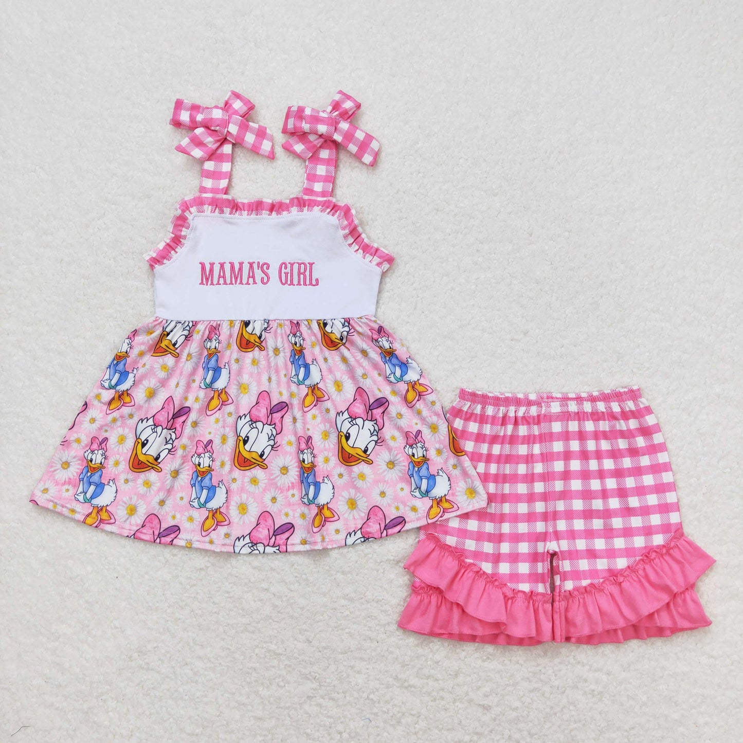 GSSO0820 embroidery mama's girl cartoon duck flowers lace-up top hot pink checkered shorts girls set
