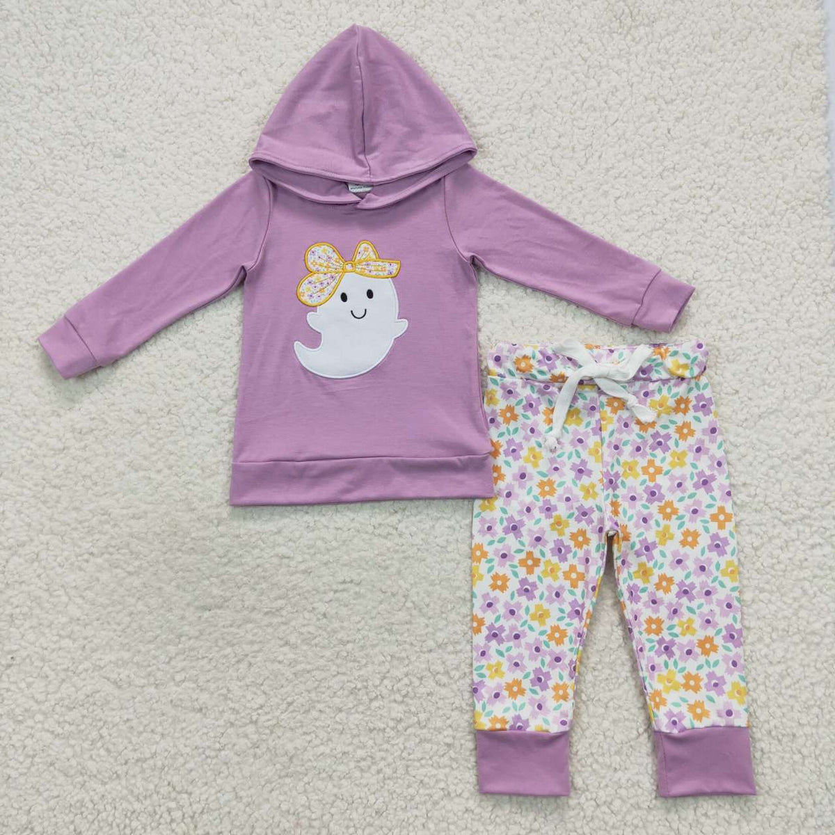 GLP0530 Halloween Ghost Purple Long Sleeves Colorful Flowers Pants Hoodie Girls Clothes