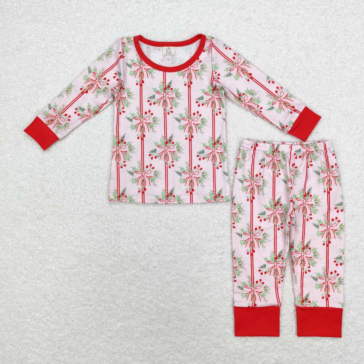 bamboo GLP1476 Christmas holly berry bows pink long sleeve pants girls pajamas