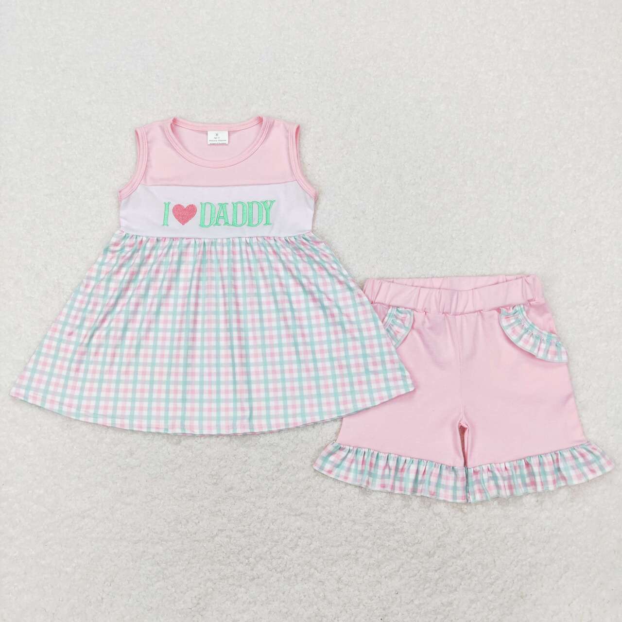 GSSO0441 I love daddy pink sleeveless green pink checkered shorts girls set