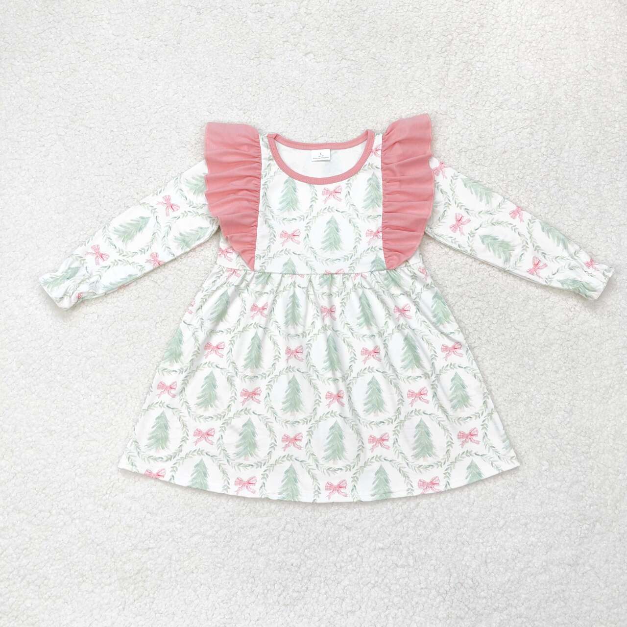GLD0555 Christmas pink bow green tree long sleeve girls dress