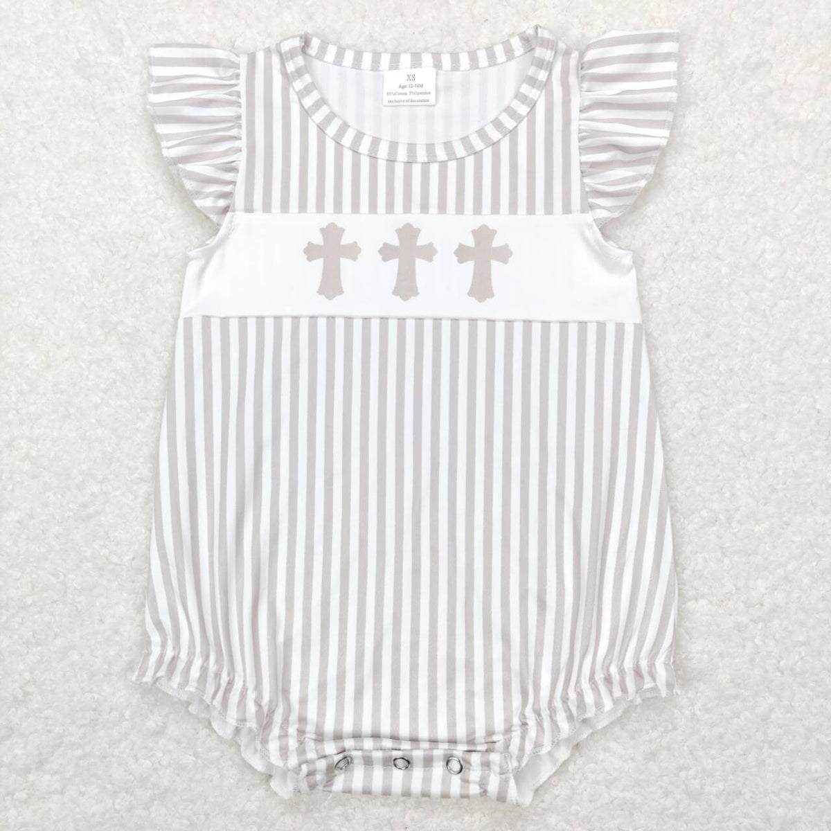 SR0617 Easter cross khaki striped flutter sleeve girls romper