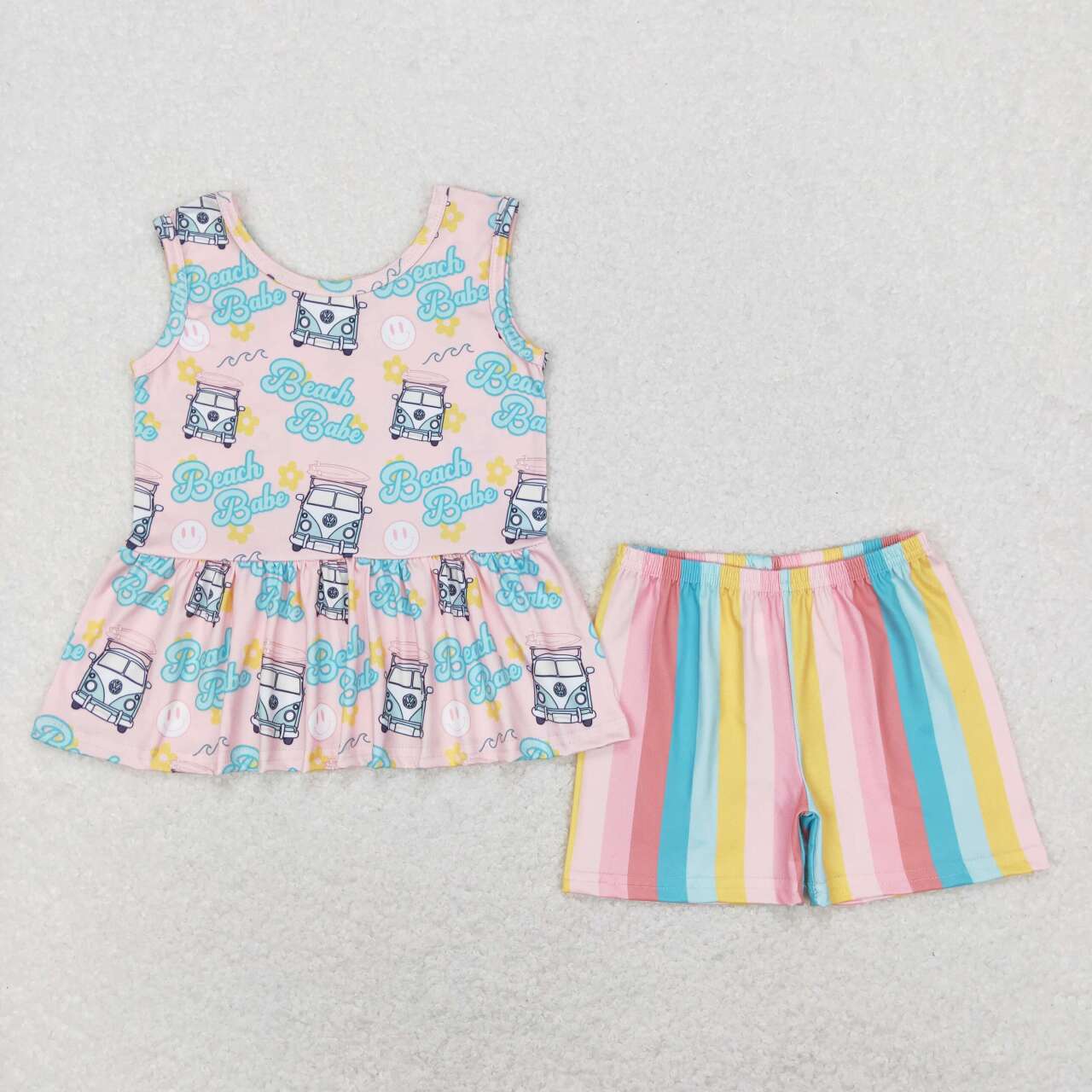 GSSO0504 Girl Babe Bus Smile Sleeveless Colorful Striped Shorts Girls Set Kids Summer Clothes