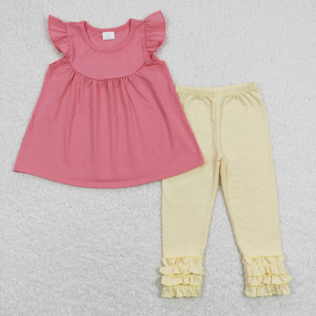 GSPO1323 Dark Pink Flutter Sleeve White Ruffles Pants Girls Set
