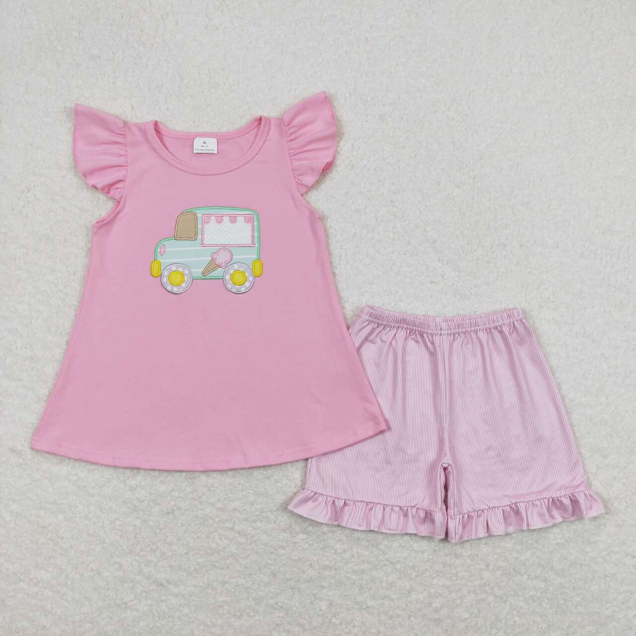 GSSO0508 embroidery Girl Ice Bus Pink Flutter Sleeve Shorts Girls Set Kids Summer Clothes