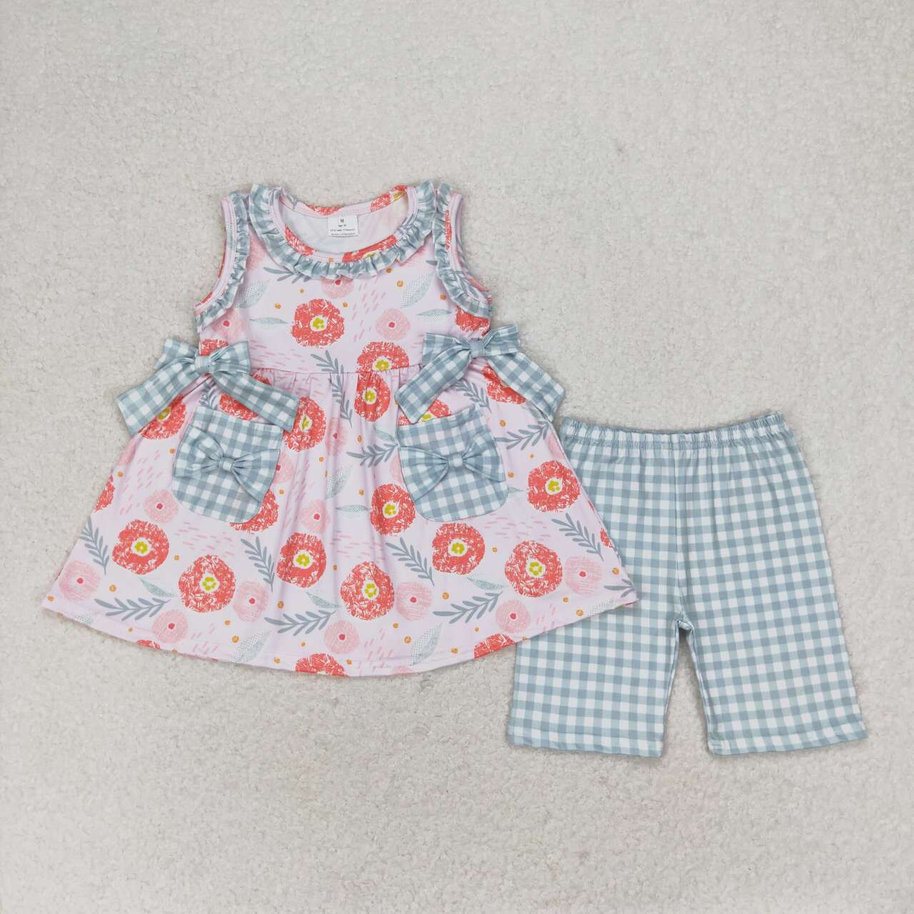 GSSO0999 multi color flowers sleeveless green checkered shorts girls set