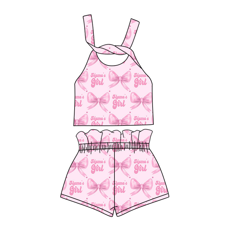 custom (moq 5)Baby Girls Mama's Girl Bows Straps Top Shorts Clothes Sets