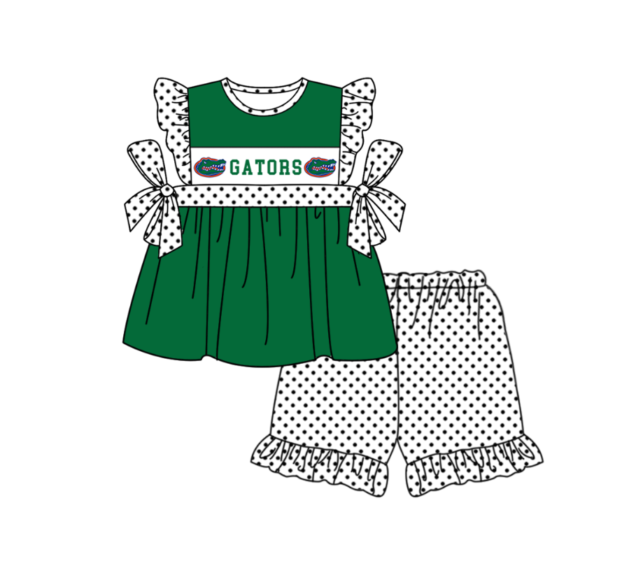 Custom Moq 3 Football Team Gators Green Flutter Sleeve Shorts Girls Set