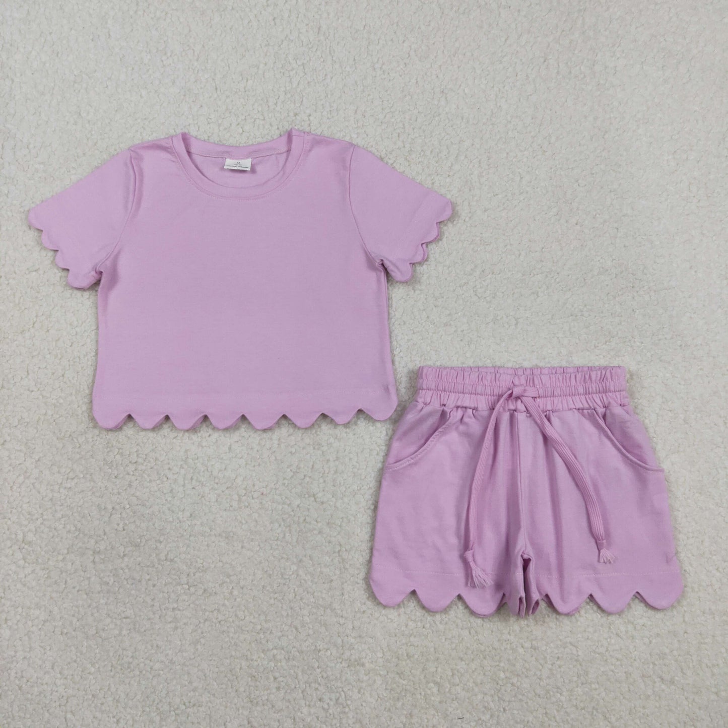GSSO3173 Cotton Scallop Pink Short Sleeve Shorts Girls Set
