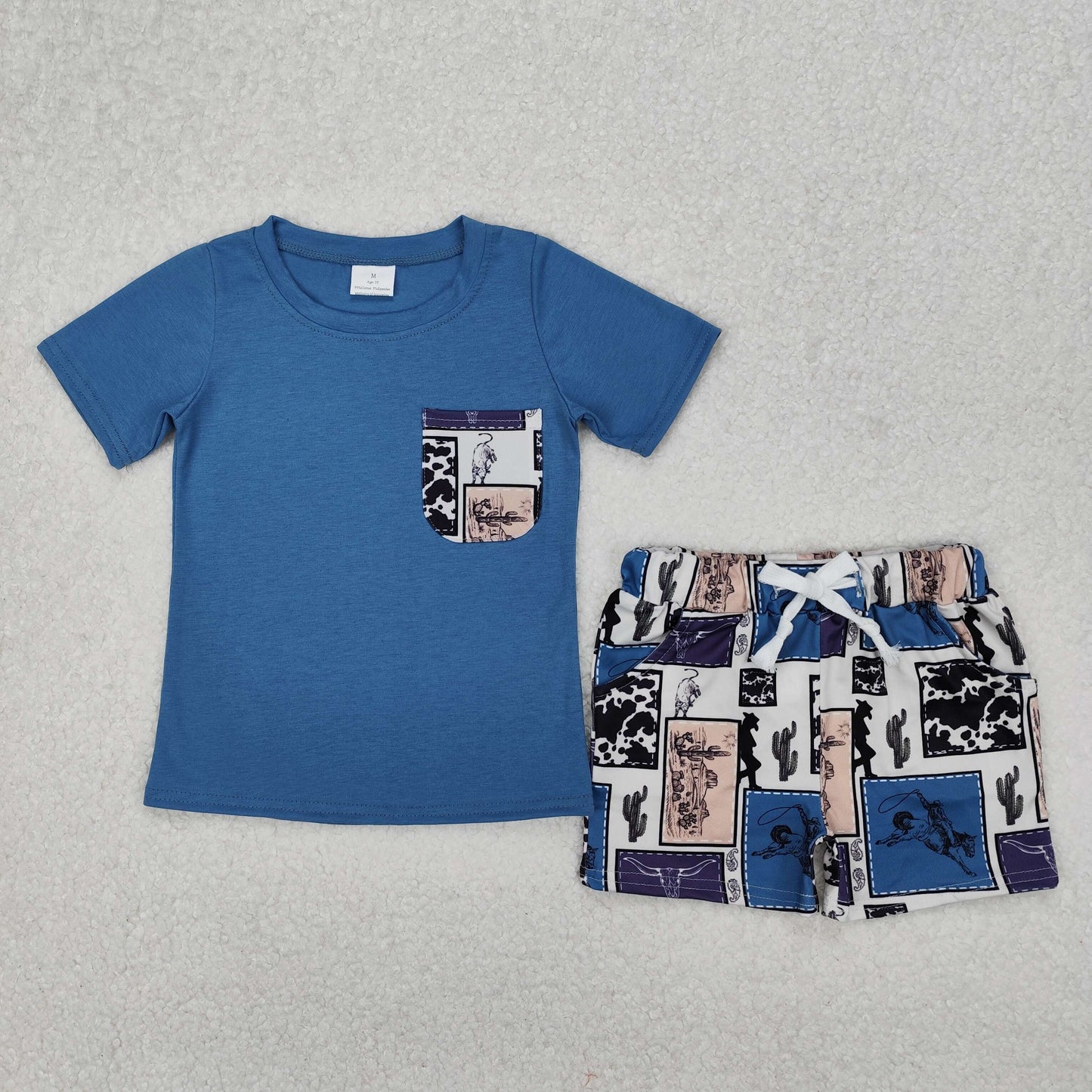 BSSO1286 Western rodeo cactus pocket blue short sleeve shorts boys set