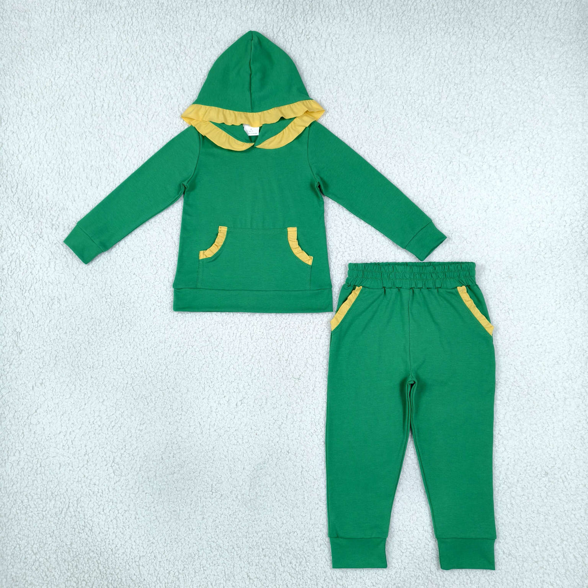GLP3569 Yellow Ruffles Green Pockets Hoodie long Sleeve Pants Girls Set