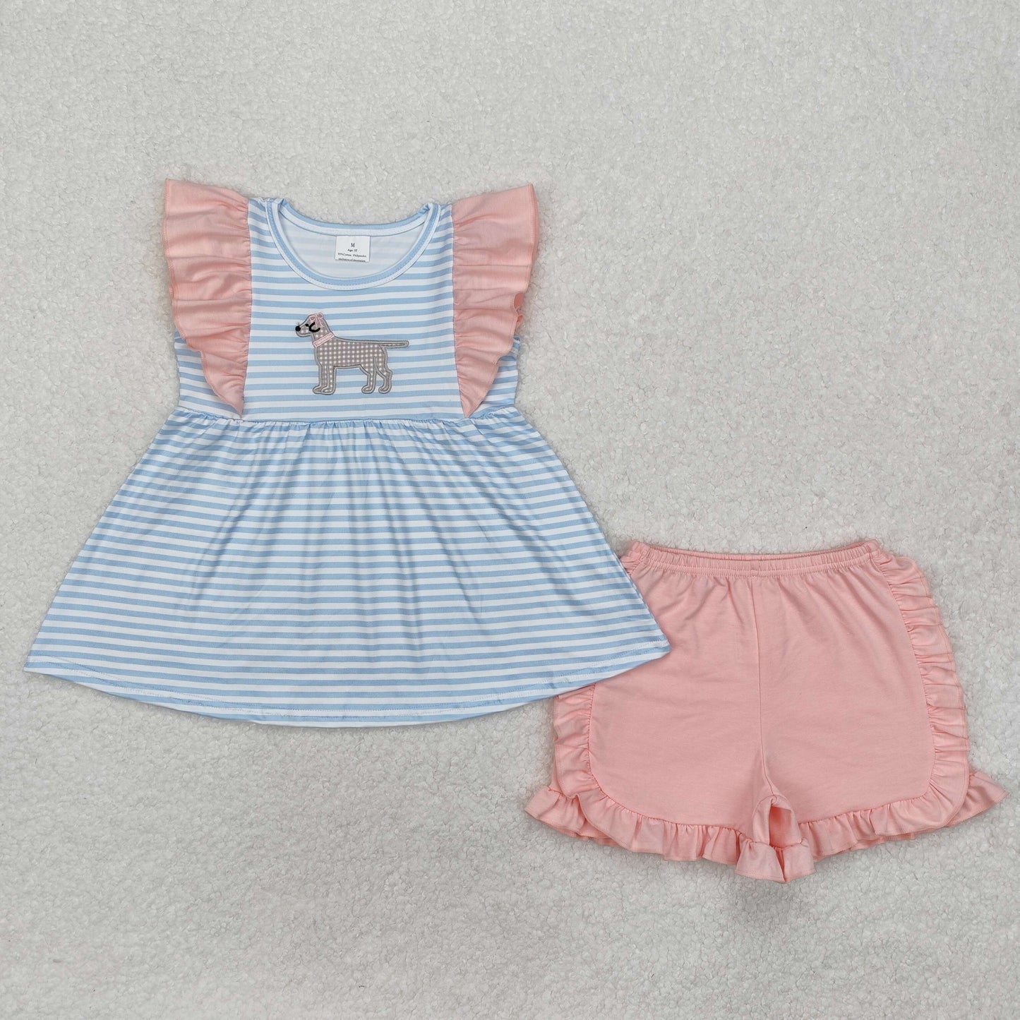 embroidery GSSO1563 Cute Dog Pet Blue Striped Flutter Sleeve Pink Shorts Girls Set