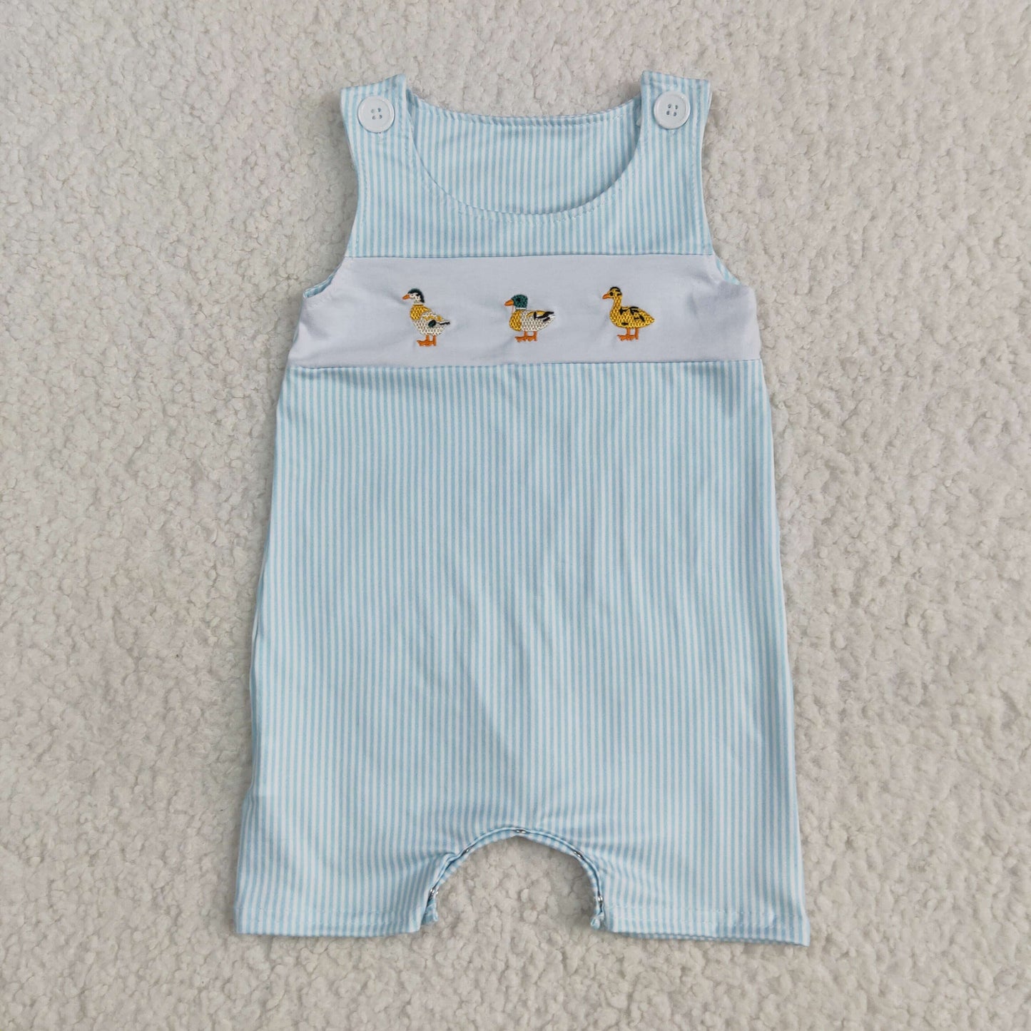 SR2991 embroidery mallard duck blue striped sleeveless boys romper