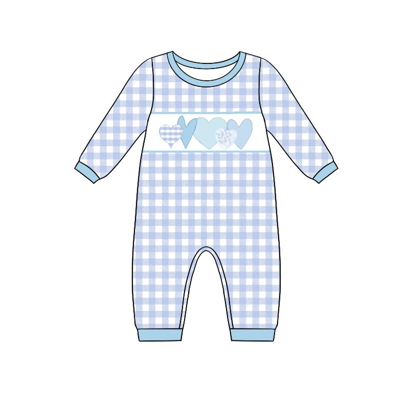 custom moq 3 Blue heart checkered long sleeve boys romper