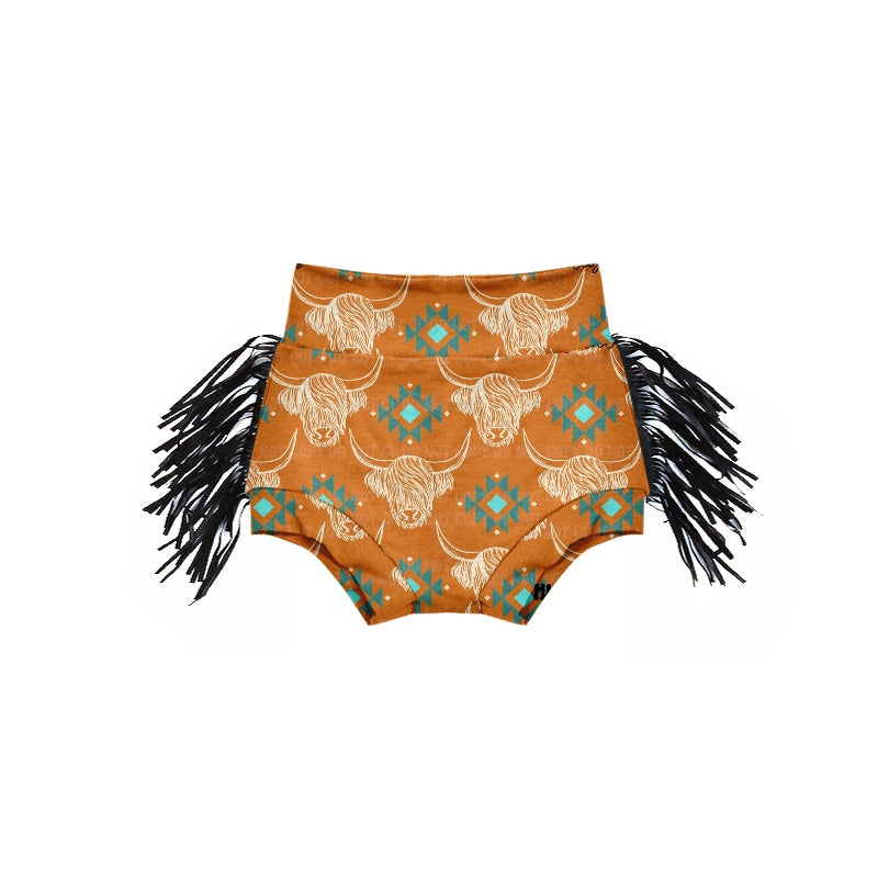 custom Highland cow Aztec brown tassels bummies