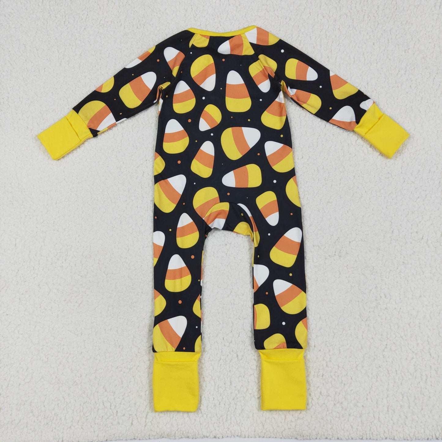 Custom moq 20 bamboo Hallooween candy black long sleeve zipper boys romper
