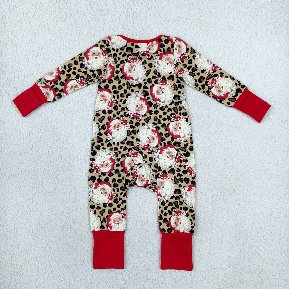 LR3302 Christmas Santa Leopard Zipper Long Sleeve Girls Romper