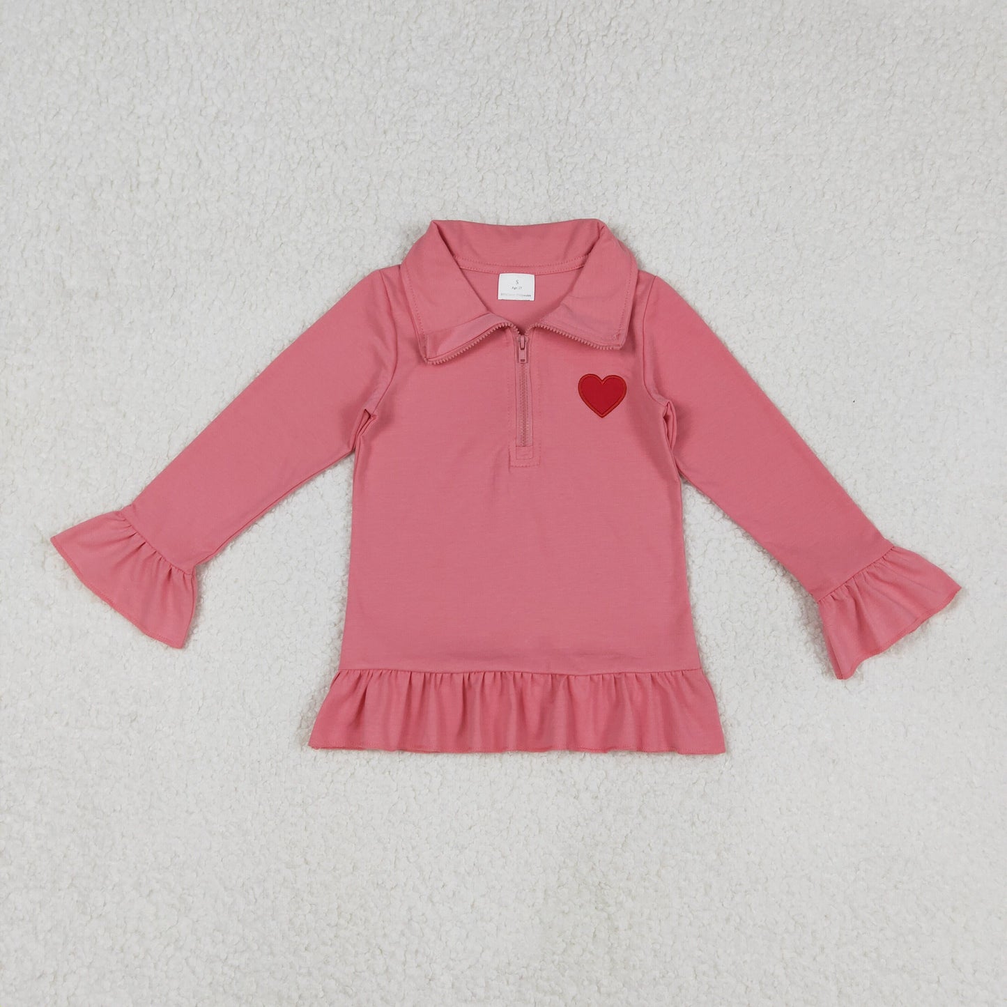 GT1271 Embroidery Heart Pink Zipper Long Sleeve Girls Top
