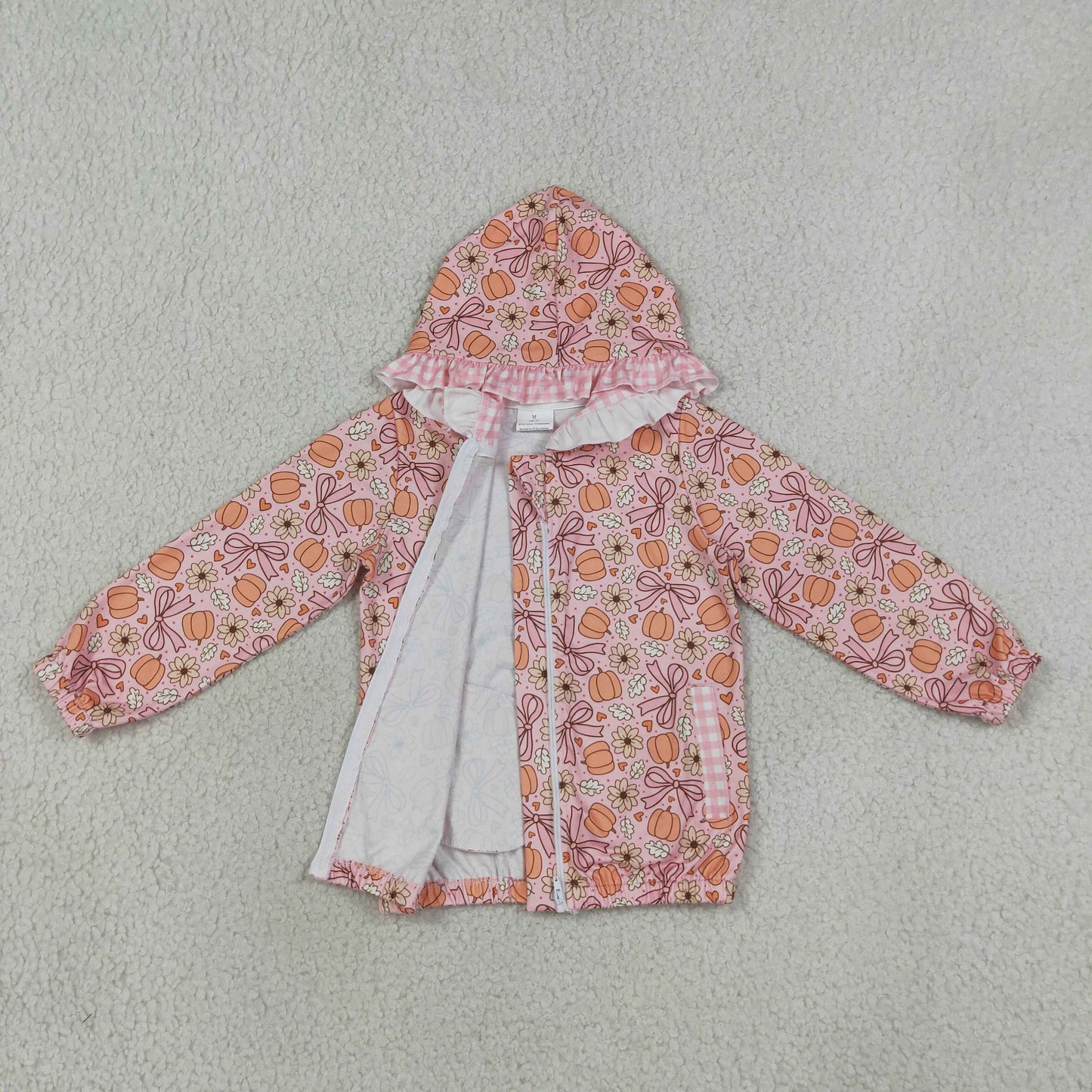 GT1661 Pumpkin Bows Pink Zipper Hoodie Long Sleeve Girls Coat