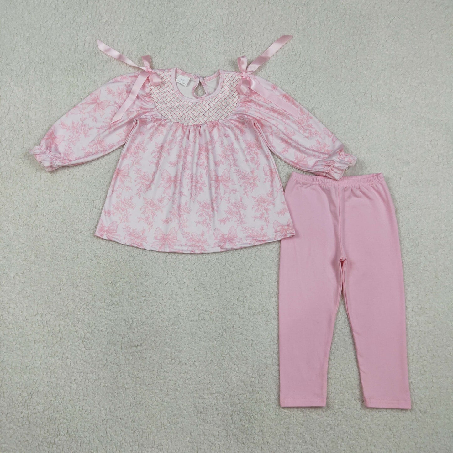 Embroidery GLP3285 Pink Bows Long Sleeve Pink Pants Girls Set