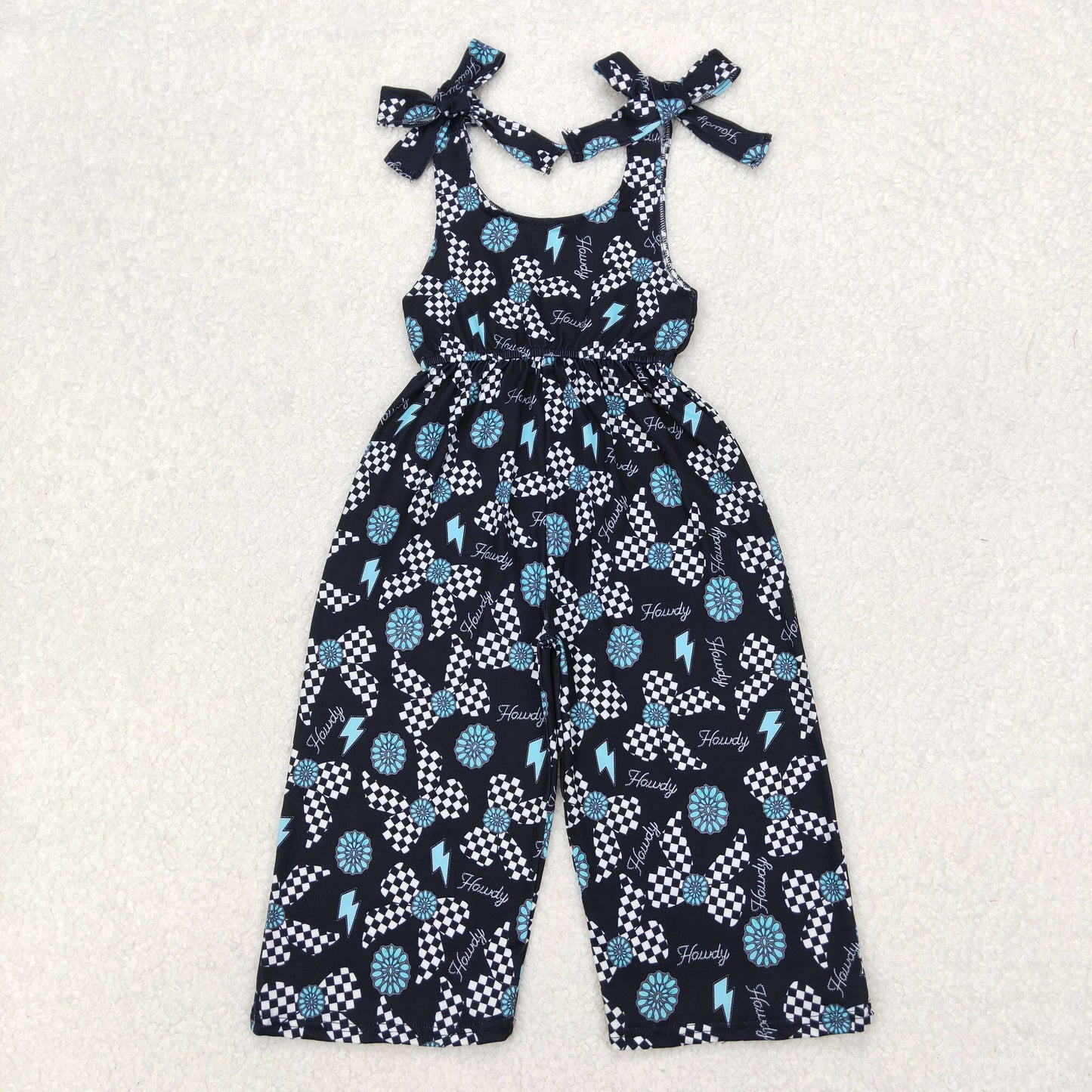 SR2466 Western Howdy Turquoise Bows Black Lace-up Girls Jumpsuits