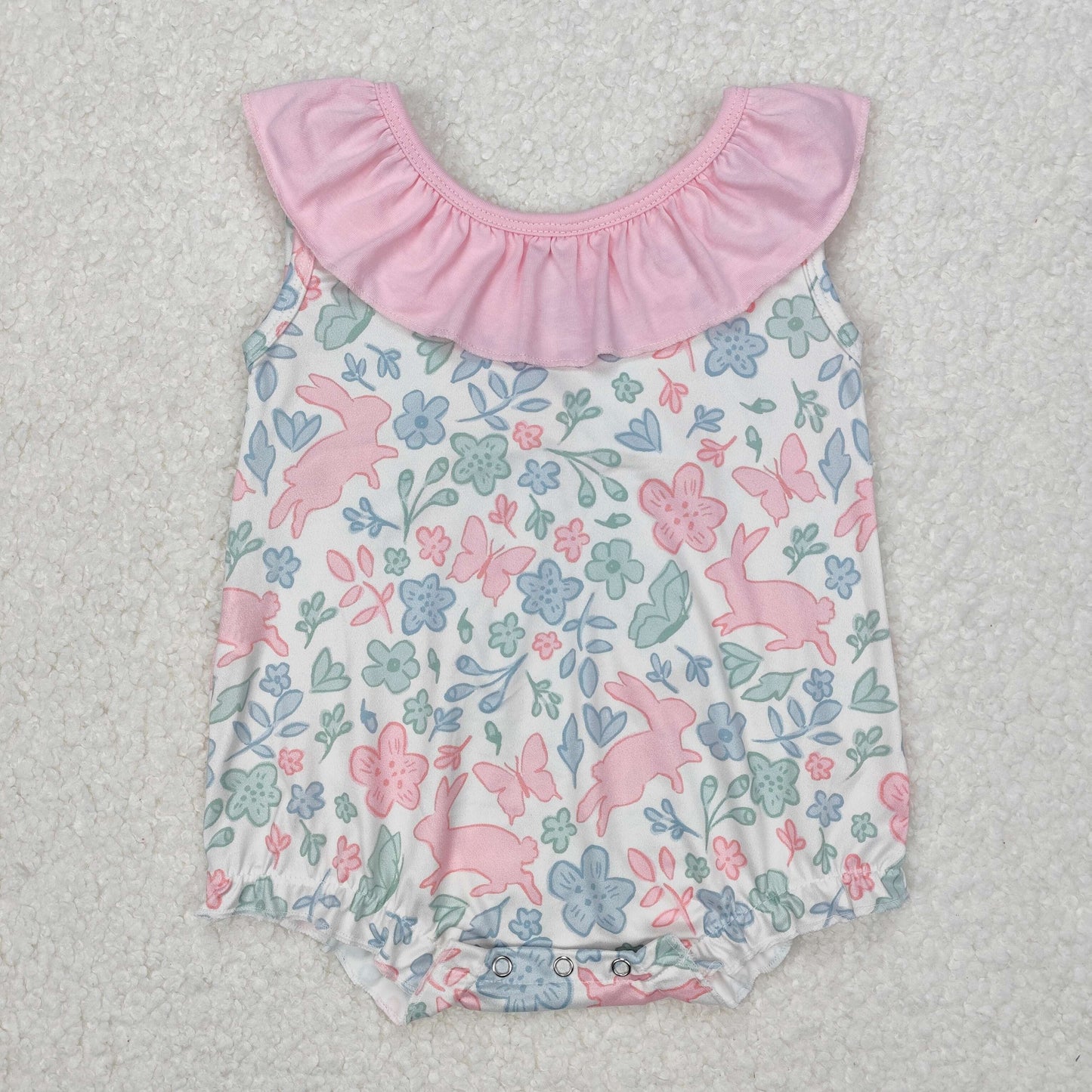 SR2546 Easter bunny rabbit pink flowers with bow romper