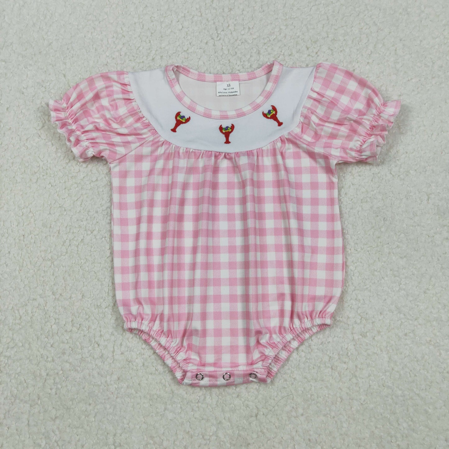 embroidery SR3256 Mardi Gras crayfish pink checkered short sleeve girls romper