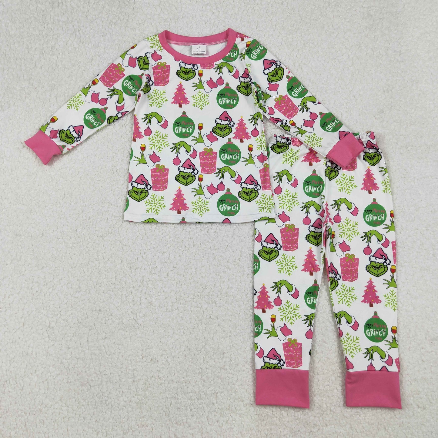 GLP2733 Christmas green face tree hot pink lon gsleeve pants girls pajamas