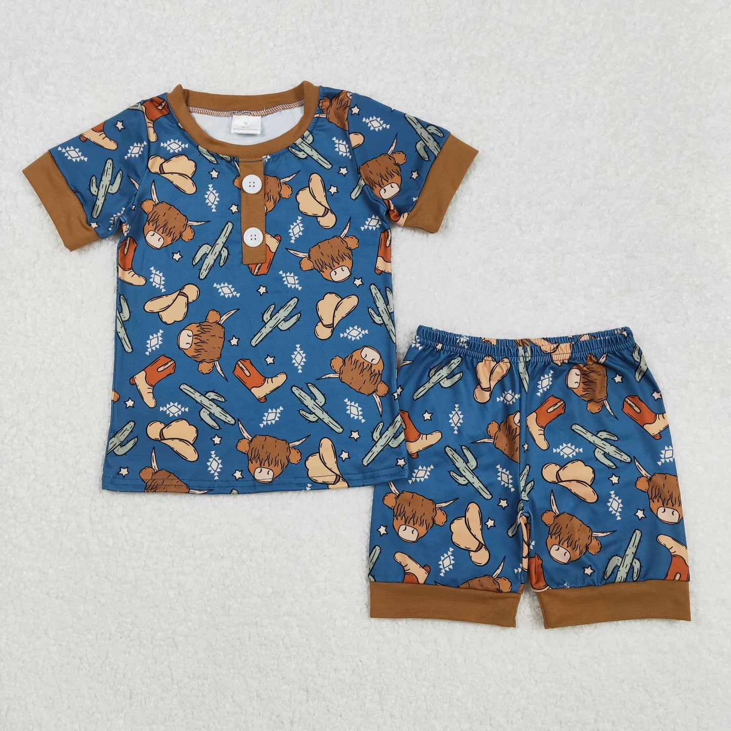 BSSO1232 Western highland cow cactus boot blue short sleeve shorts boys pajamas