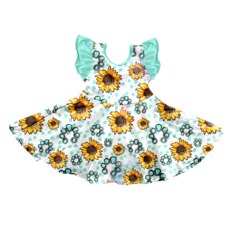 custom moq 3 Sunflowers blue dot flutter sleeve girls dress