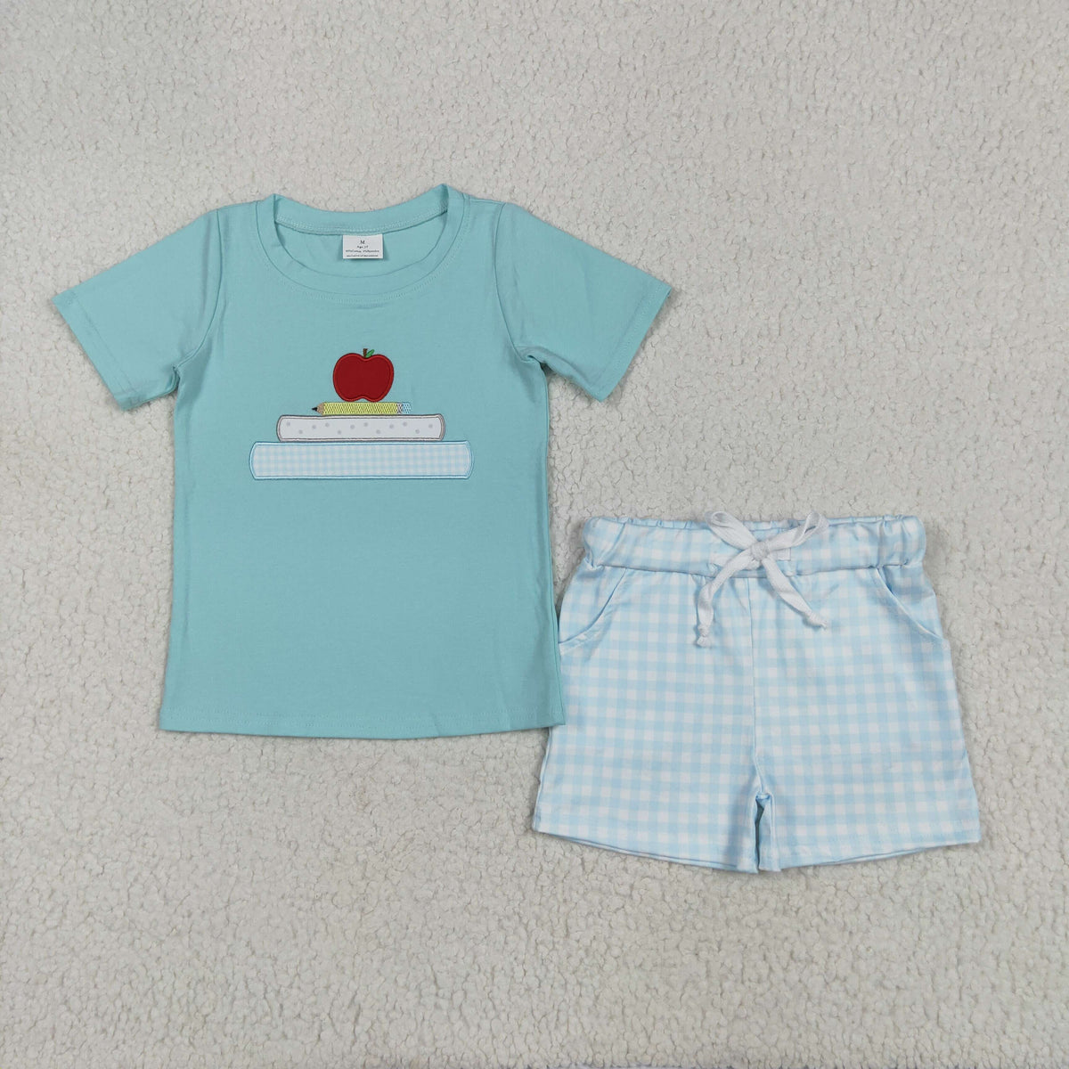 embroidery BSSO1329 back to school ABC apple short sleeve blue checkered shorts boys set