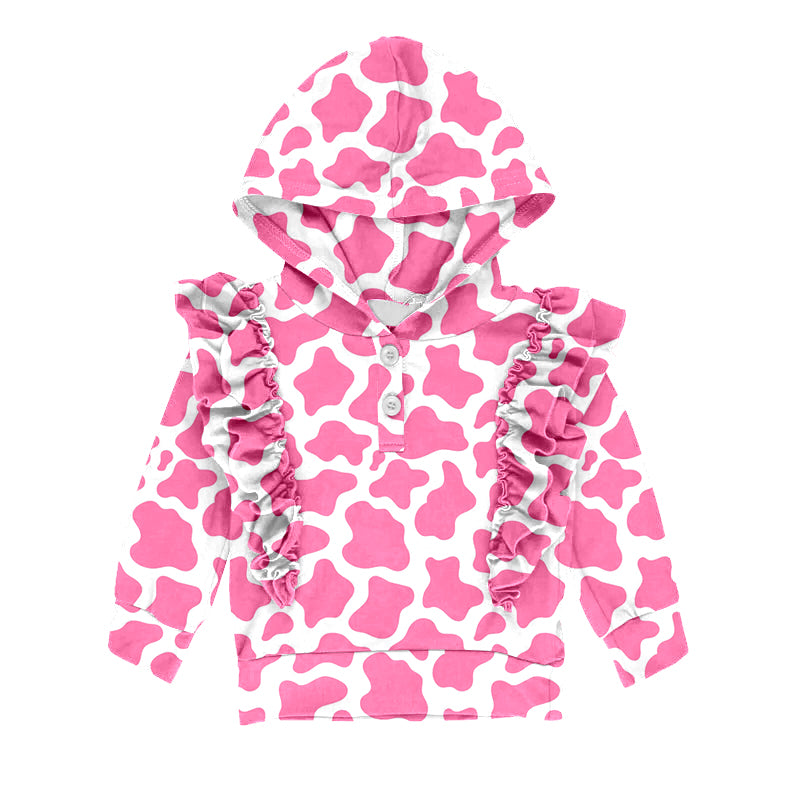 preorder GT0381 Hot pink leopard ruffles long sleeve girls hoodie pullover