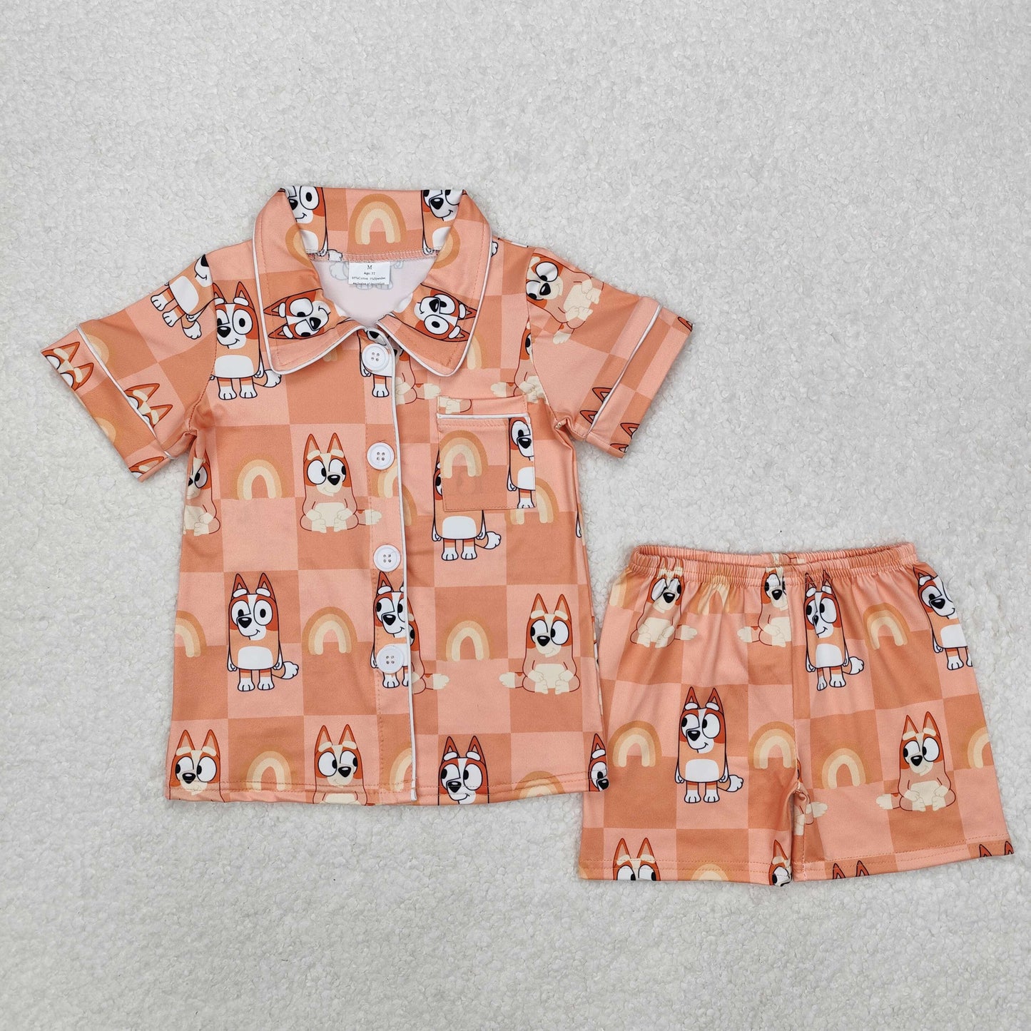 GSSO1801 Cartoon Orange Dog Rainbow Orange Checkered Shorts Sleeve Shorts Girls Pajamas