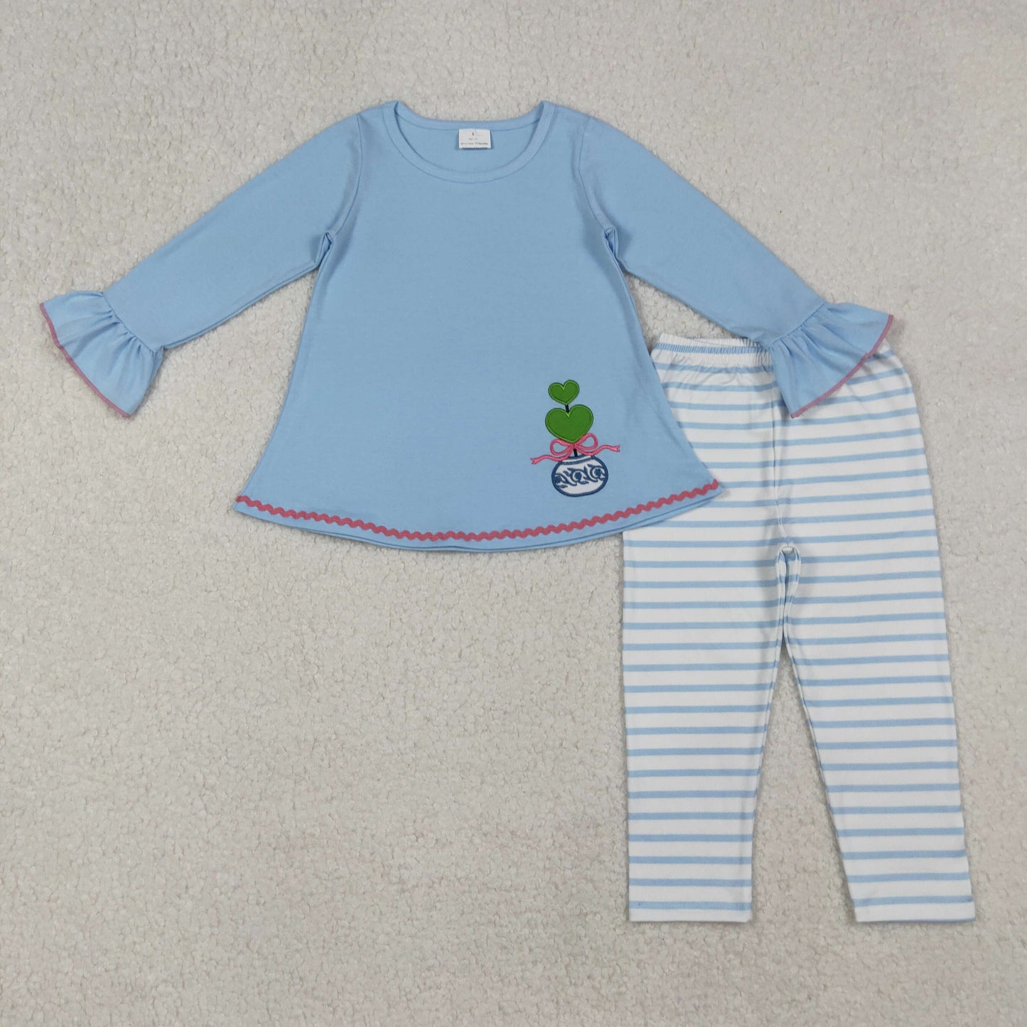 embroidery GLP2465 vase green heart blue long sleeve blue striped pants girls set