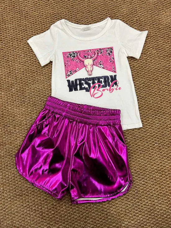 Western cow short sleeve purple leather shorts girls set