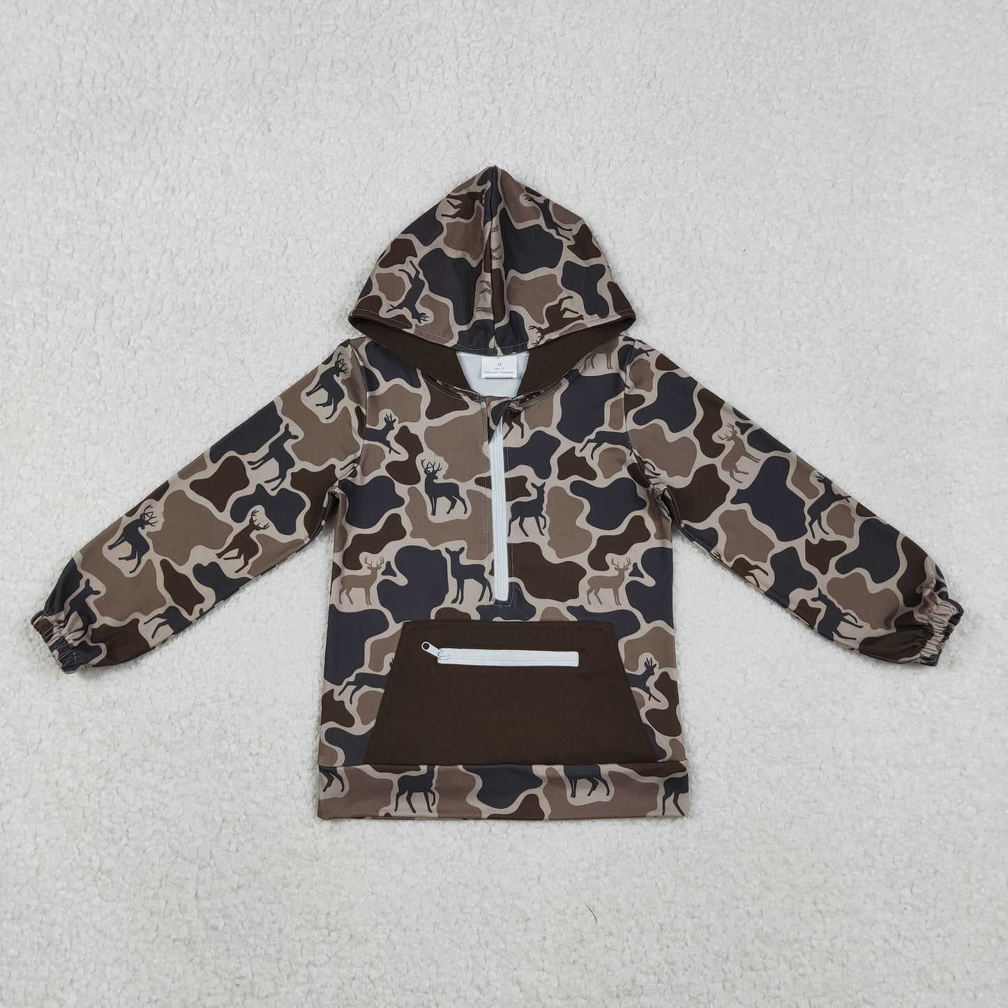 BT1348 hunting deer camo pocket zipper hoodie long sleeve boys top