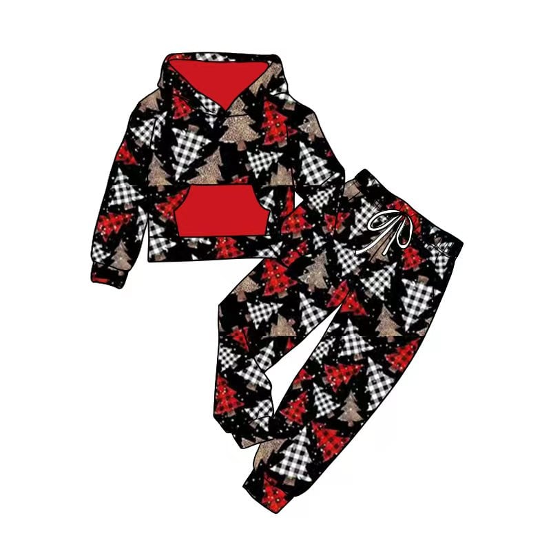 custom Christmas tree red black pocket hoodie long sleeve pants boys set