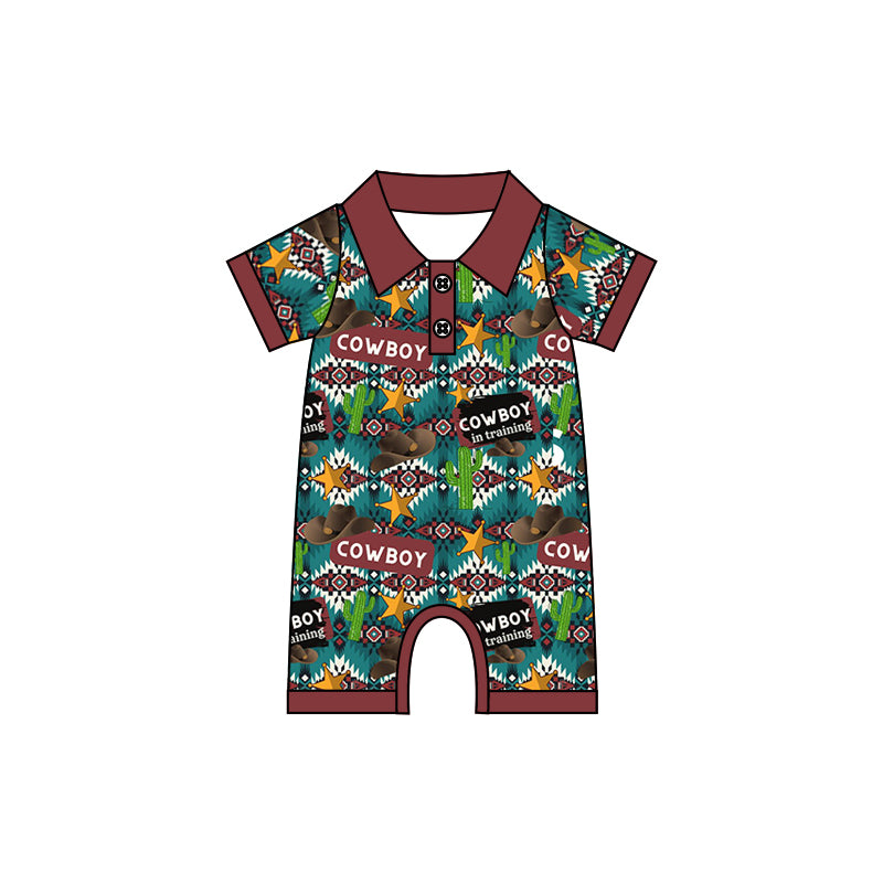 preorder SR0724 Western cowboy cactus cow maroon short sleeve boys romper