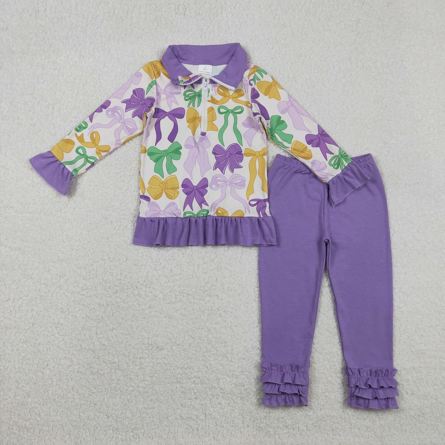 GLP2823 Mardi Gras green/yellow/purple bows zipper long sleeve purple pants girls set