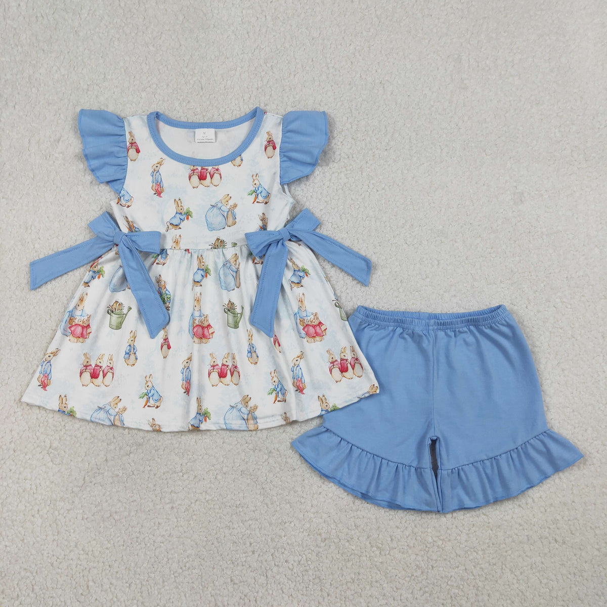 GSSO3055 Easter Bunny Rabbit Flutter Sleeve Blue Shorts Girls Set