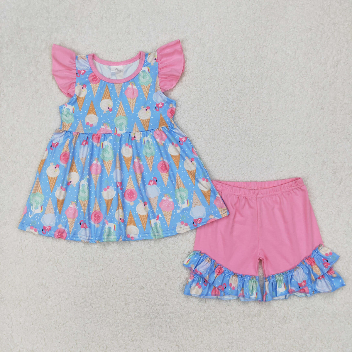 GSSO2402 cartoon ice blue flutter sleeve pink shorts girls set