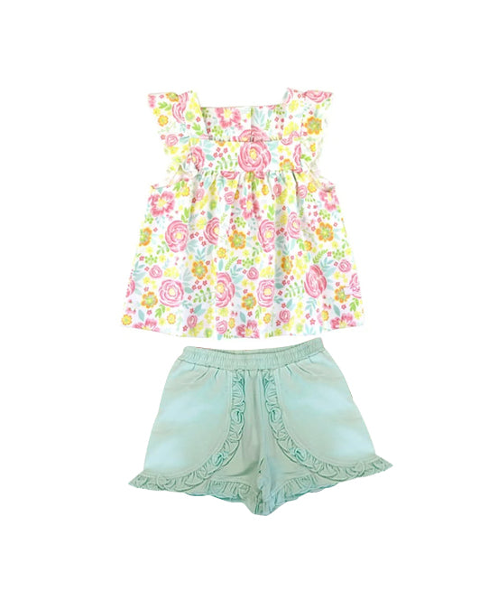 preorder rose flowers flutter sleeve green ruffles shrots girls set