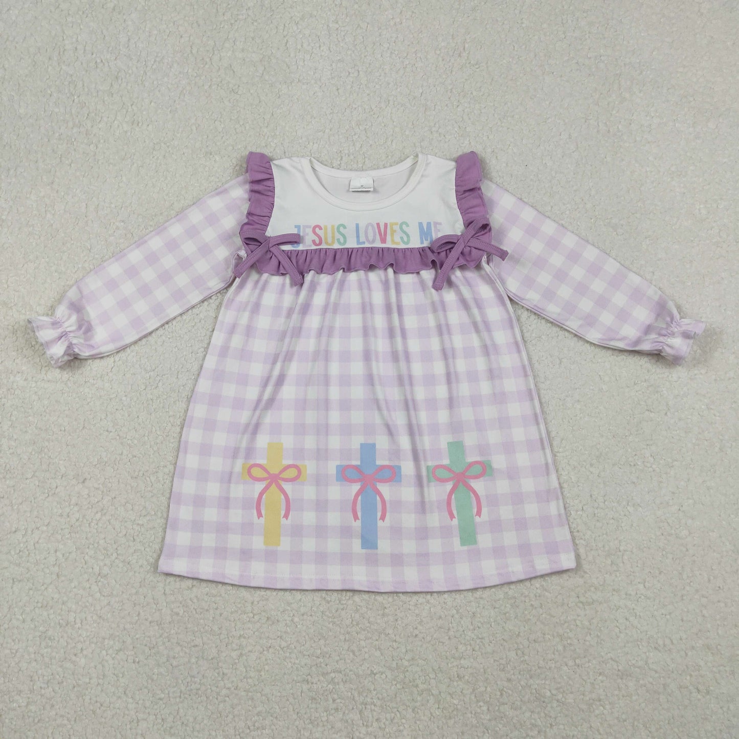 GLD1356 Easter Jesus love me cross bows purple checkered long sleeve girls dress